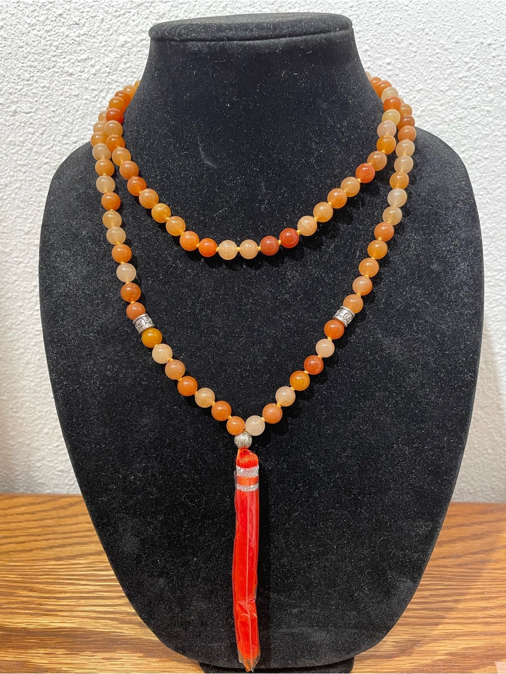 Beaded Orange Gemstones with Tassel Necklace approx 40” Length Brand New